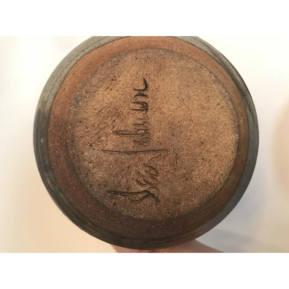 Signed Studio Stoneware Pot Gray MCM Abstract Round w Handles 7.5